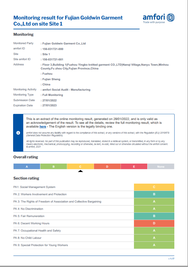 Updated BSIC Certificate For Fujian Goldwin Garment Co.,Ltd